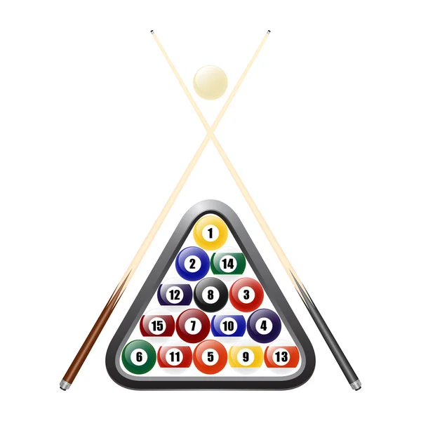 Billiards balls, triangle and two cues — Stock Vector