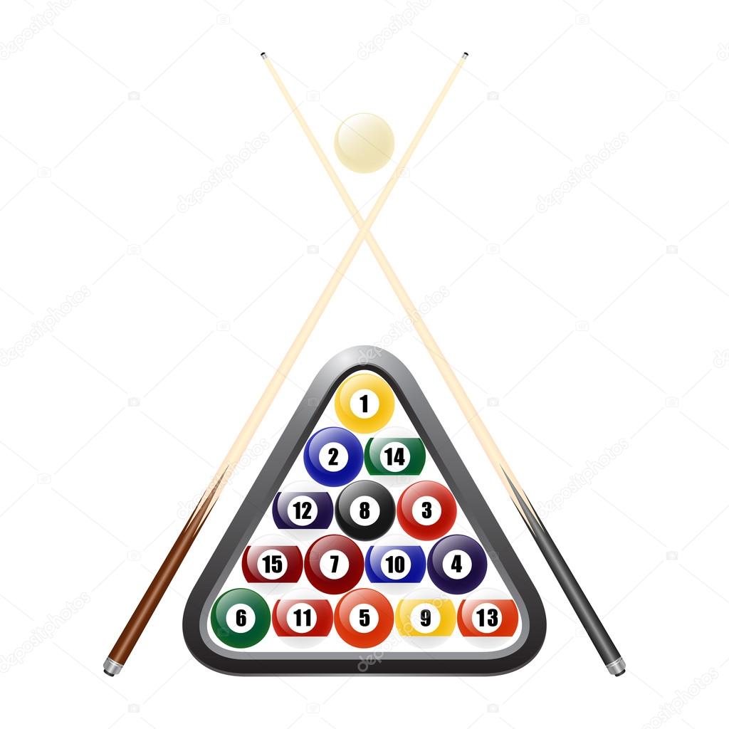 Billiards balls, triangle and two cues