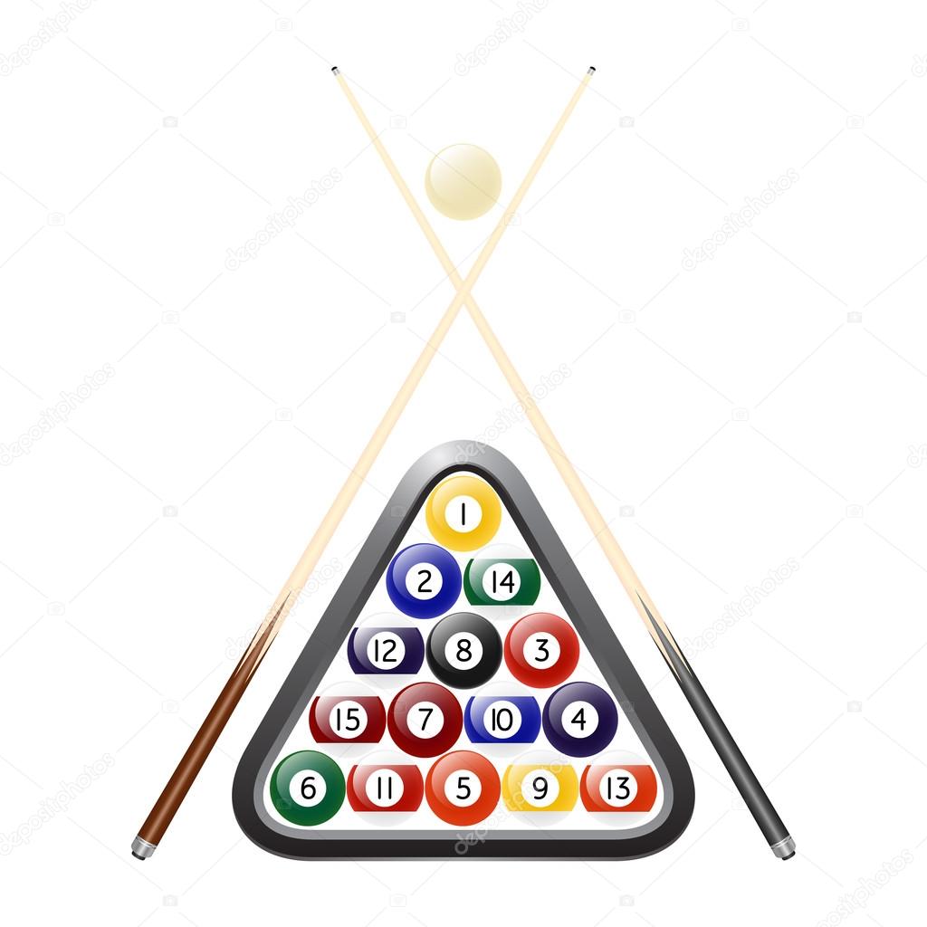 Vector billiards balls, triangle and two cues