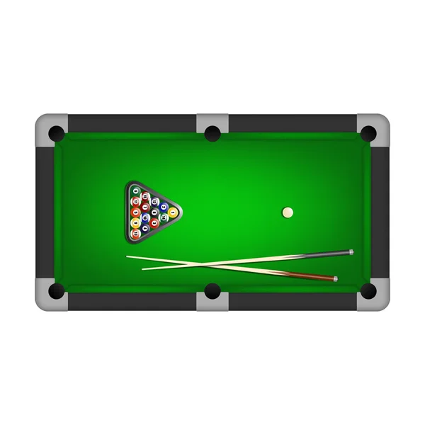 Billiards balls, triangle and two cues on a pool table — Stock Vector