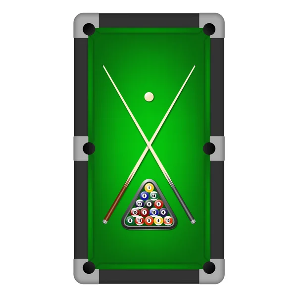 Vector billiards balls, triangle and two cues on a pool table — Stock Vector