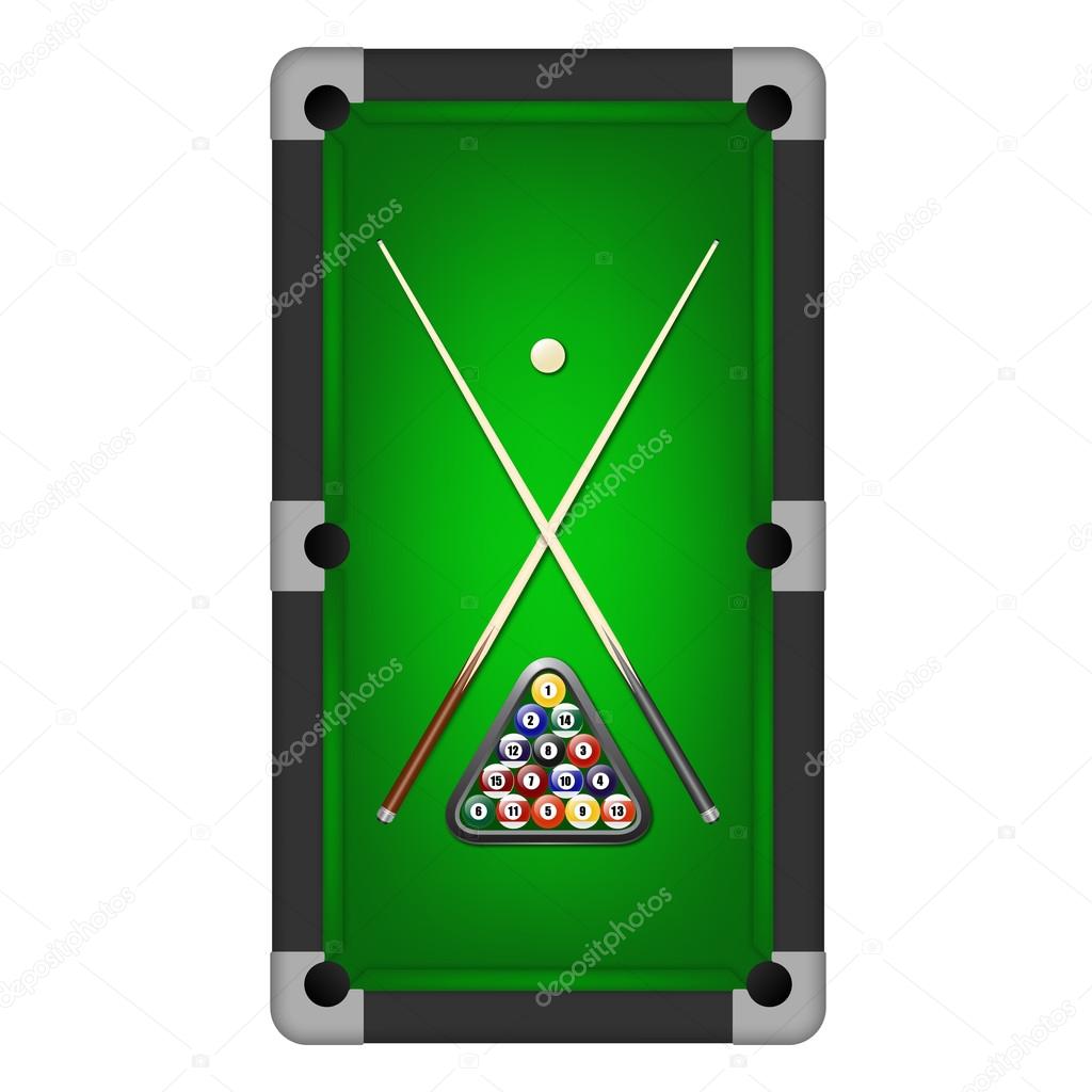Vector billiards balls, triangle and two cues on a pool table