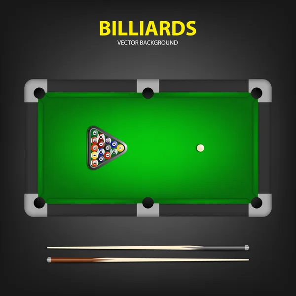 Billiard balls in triangle and two cues on a pool table. — Stock Vector