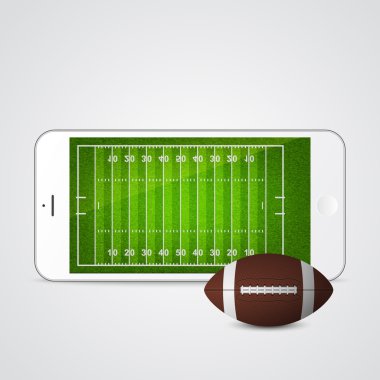 Futbol ve alan üstünde belgili tanımlık perde ile beyaz smartphone. 