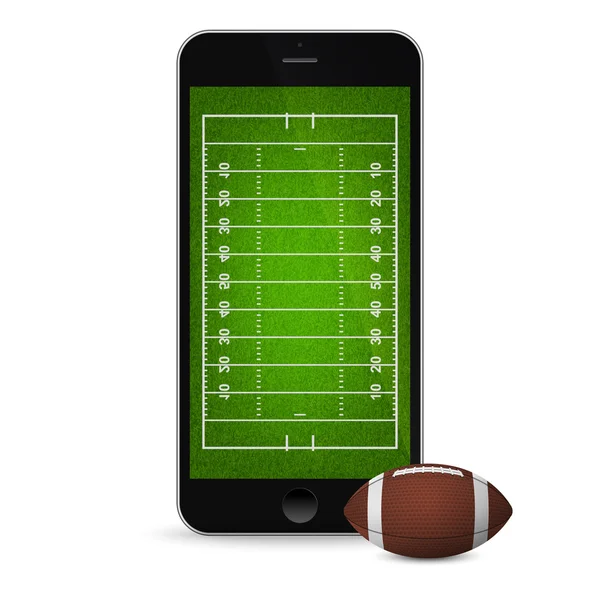 アメリカン フットボール ボールと、画面上のフィールドを持つスマート フォン. — ストックベクタ