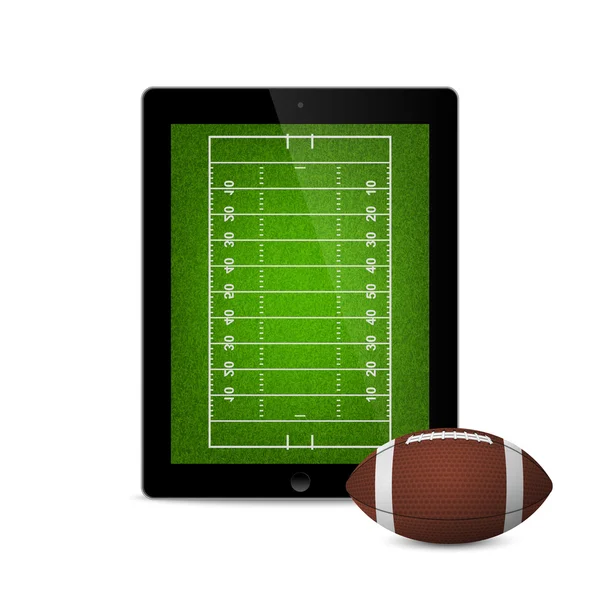 Tablette avec ballon de football américain et terrain à l'écran . — Image vectorielle