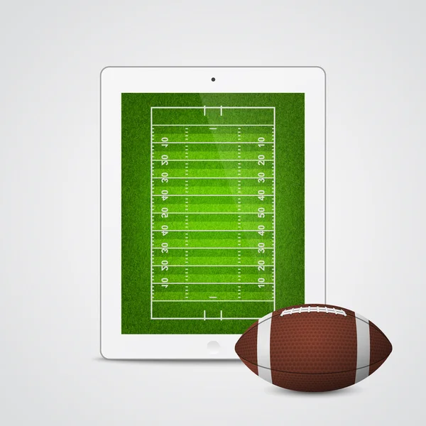 Tablette blanche avec ballon de football américain et terrain à l'écran . — Image vectorielle