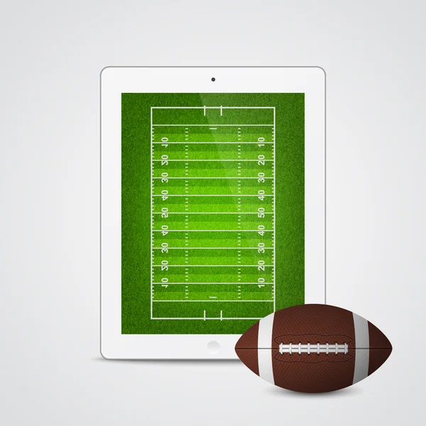 Vector tablet met Amerikaanse Voetbal bal en veld op het scherm. — Stockvector