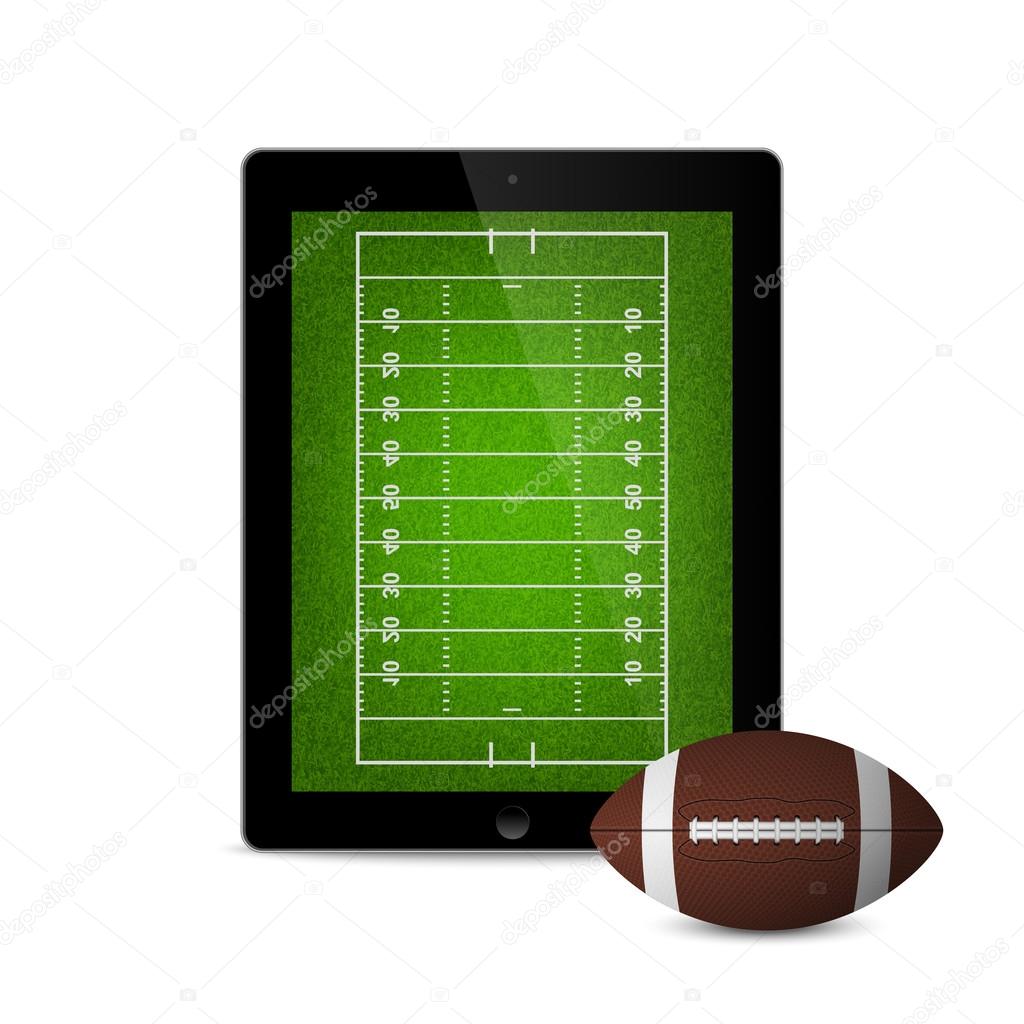 Black tablet with american football ball and field on the screen. 