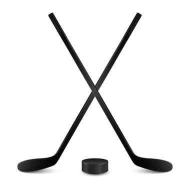 Two crossed hockey sticks and puck. Isolated on white clipart