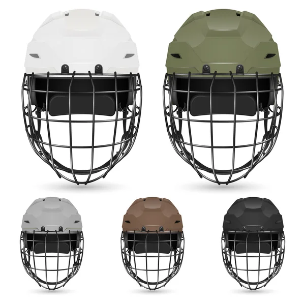 Set of goalkeeper hockey helmets, isolated. — Stock Vector