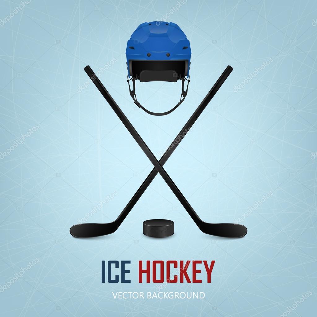 Ice hockey helmet, puck and crossed sticks on ice rink background. Vector EPS10 illustration