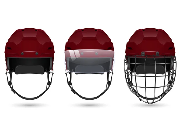 Maroon hockey helmet in three varieties — Stock Vector