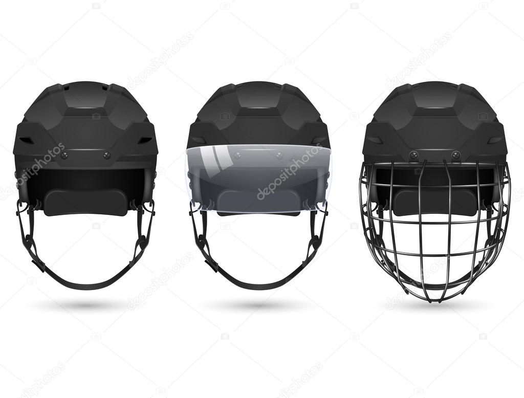 Black hockey helmet in three varieties
