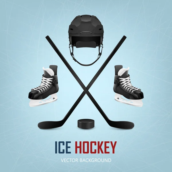 Casco de hockey sobre hielo, disco, palos y patines . — Vector de stock