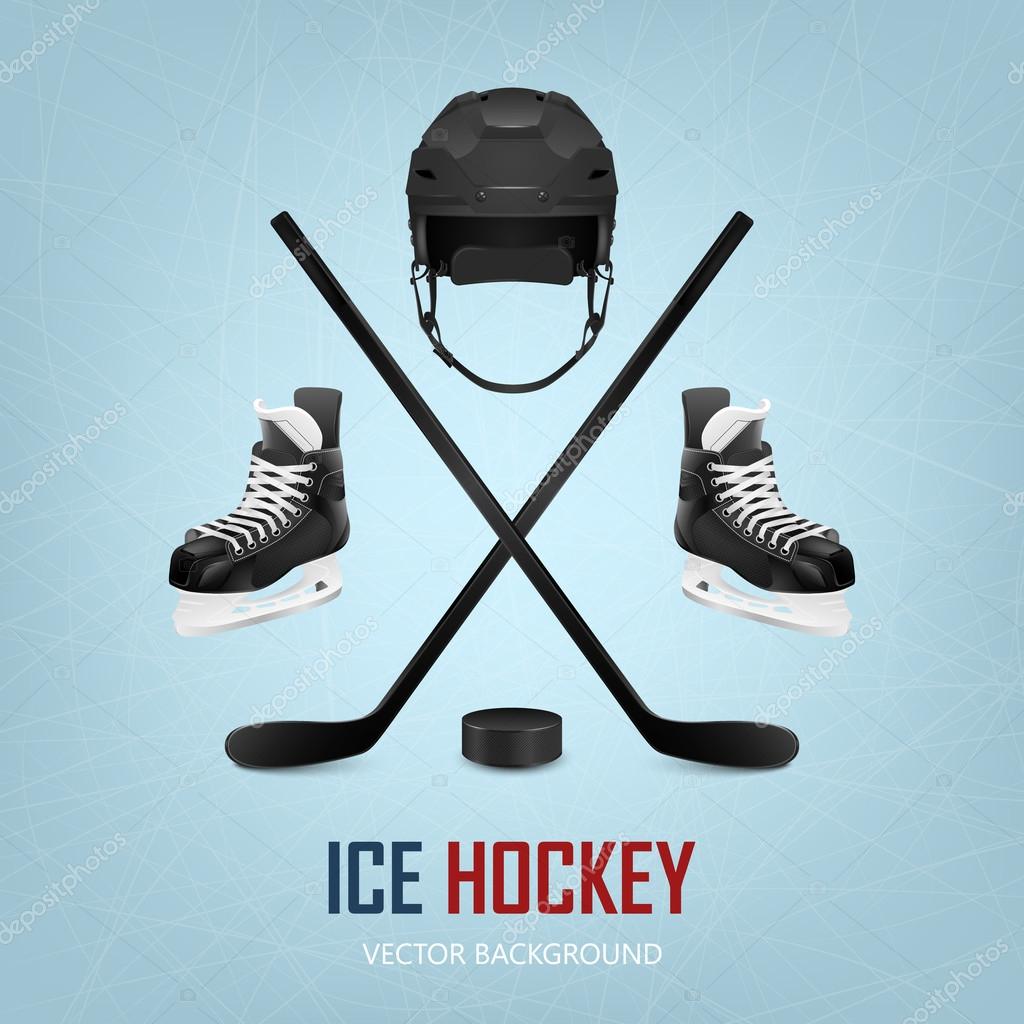Ice hockey helmet, puck, sticks and skates on ice rink background. Vector EPS10 illustration.