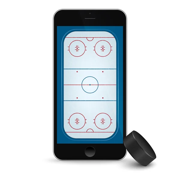 Smartphone negro con disco de hockey sobre hielo y campo en la pantalla . — Archivo Imágenes Vectoriales