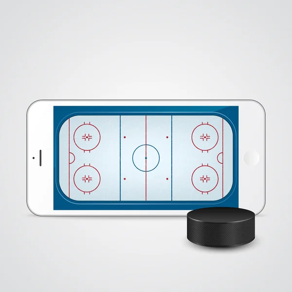 Weißes Smartphone mit Eishockey-Puck und Feld auf dem Bildschirm. — Stockvektor