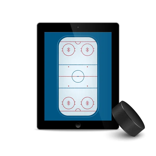 Tablette noire avec rondelle et champ de hockey sur glace à l'écran . — Image vectorielle