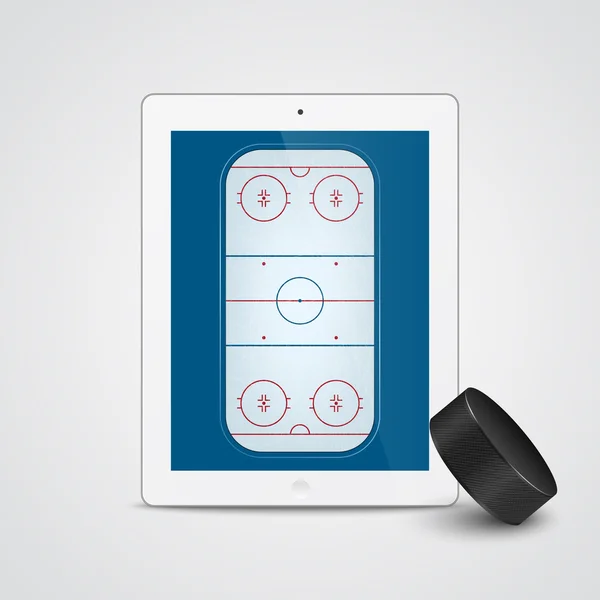 Tablette blanche avec rondelle et champ de hockey sur glace à l'écran . — Image vectorielle