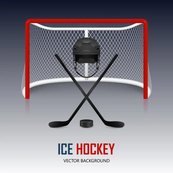 Casco de hockey sobre hielo, disco, palos y portería . — Archivo Imágenes Vectoriales