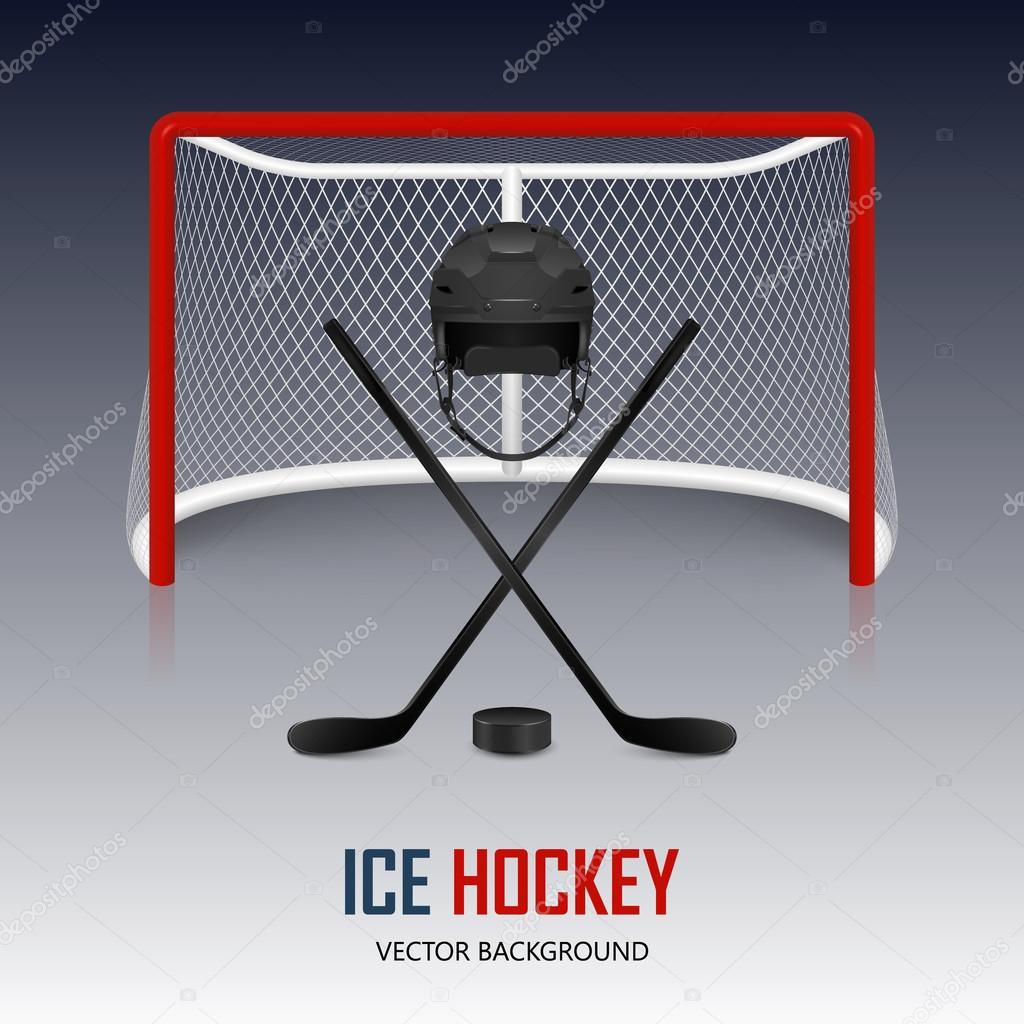 Ice hockey helmet, puck, sticks and goal. 
