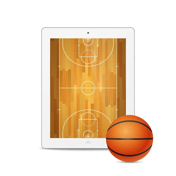 Tablet bianco vettoriale con pallone da basket e campo sullo schermo . — Vettoriale Stock