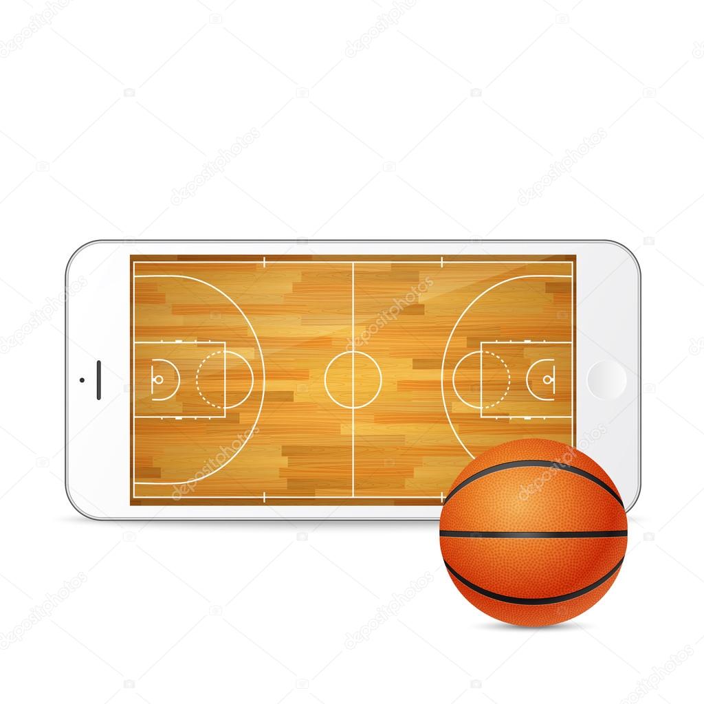 Vector smartphone with basketball ball and court on the screen. 