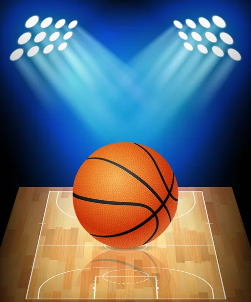 Ball on basketball court with spotlights — Stock Vector