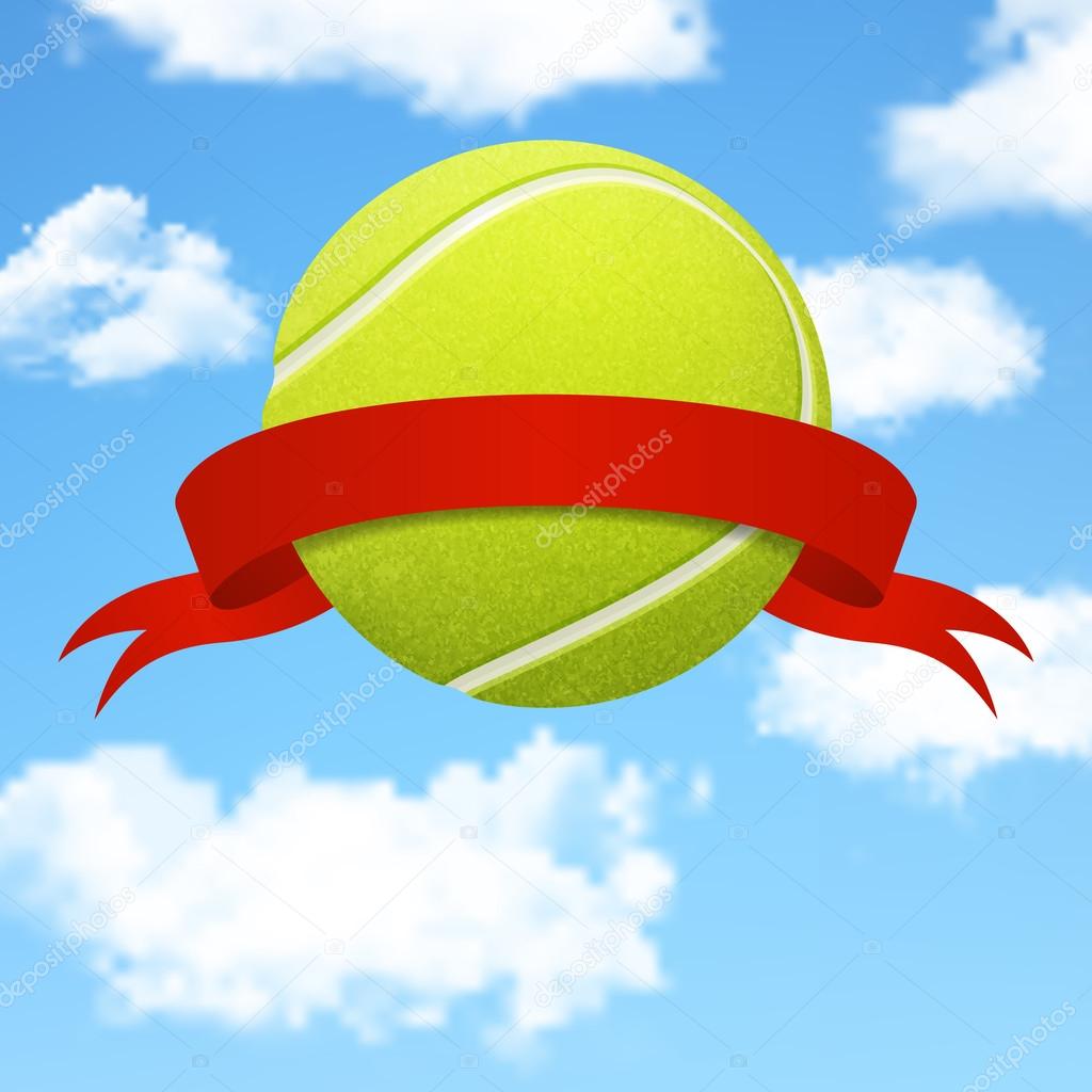 Tennis ball with red ribbon over sky background