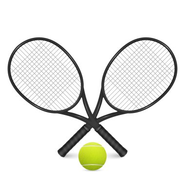 Tennis ball and two crossed rackets, isolated on white. 