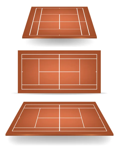 Conjunto de canchas de tenis marrón con perspectiva — Vector de stock