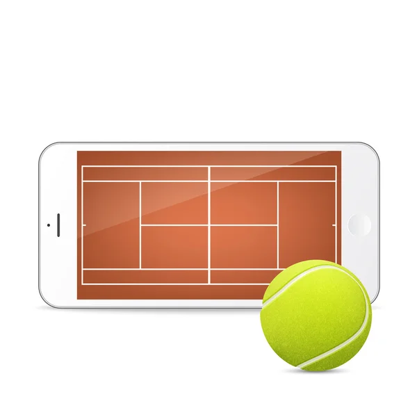 Smartphone bianco con palla da tennis e campo sullo schermo . — Vettoriale Stock