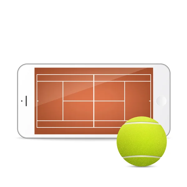 Witte vector smartphone met tennisbal en veld op het scherm. — Stockvector