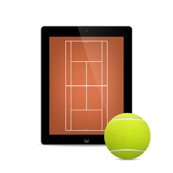 Μαύρο διάνυσμα δισκίο με μπάλα του τένις και το πεδίο στην οθόνη. — Διανυσματικό Αρχείο