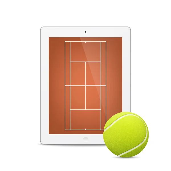 Tablet vettoriale bianco con pallina da tennis e campo sullo schermo . — Vettoriale Stock