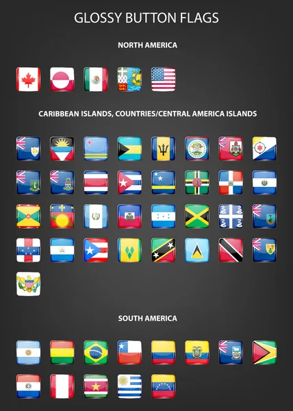 Conjunto de banderas de botón brillantes - América del Norte y del Sur, Islas del Caribe, países, Islas de América Central . — Archivo Imágenes Vectoriales