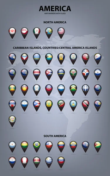 Mappa markörer med flaggor - Amerika. ursprungliga färger. — Stock vektor