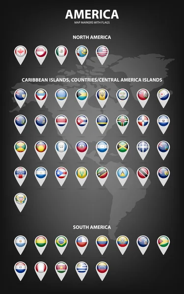 Mappa marcatori con bandiere - America. Colori originali . — Vettoriale Stock