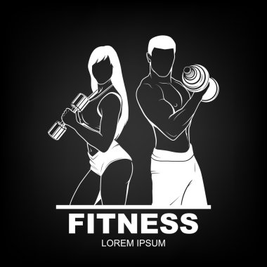 Beautiful fitness young sporty couple with dumbbells.