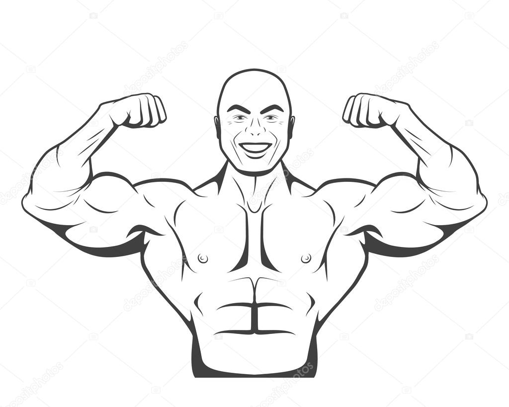 Strong bodybuilder man with perfect abs, shoulders,biceps, triceps and chest flexing his muscles. Monochrome vector EPS8 illustration