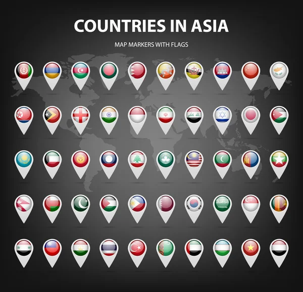 Map markers with flags - Asia. Original colors. — Stock Vector