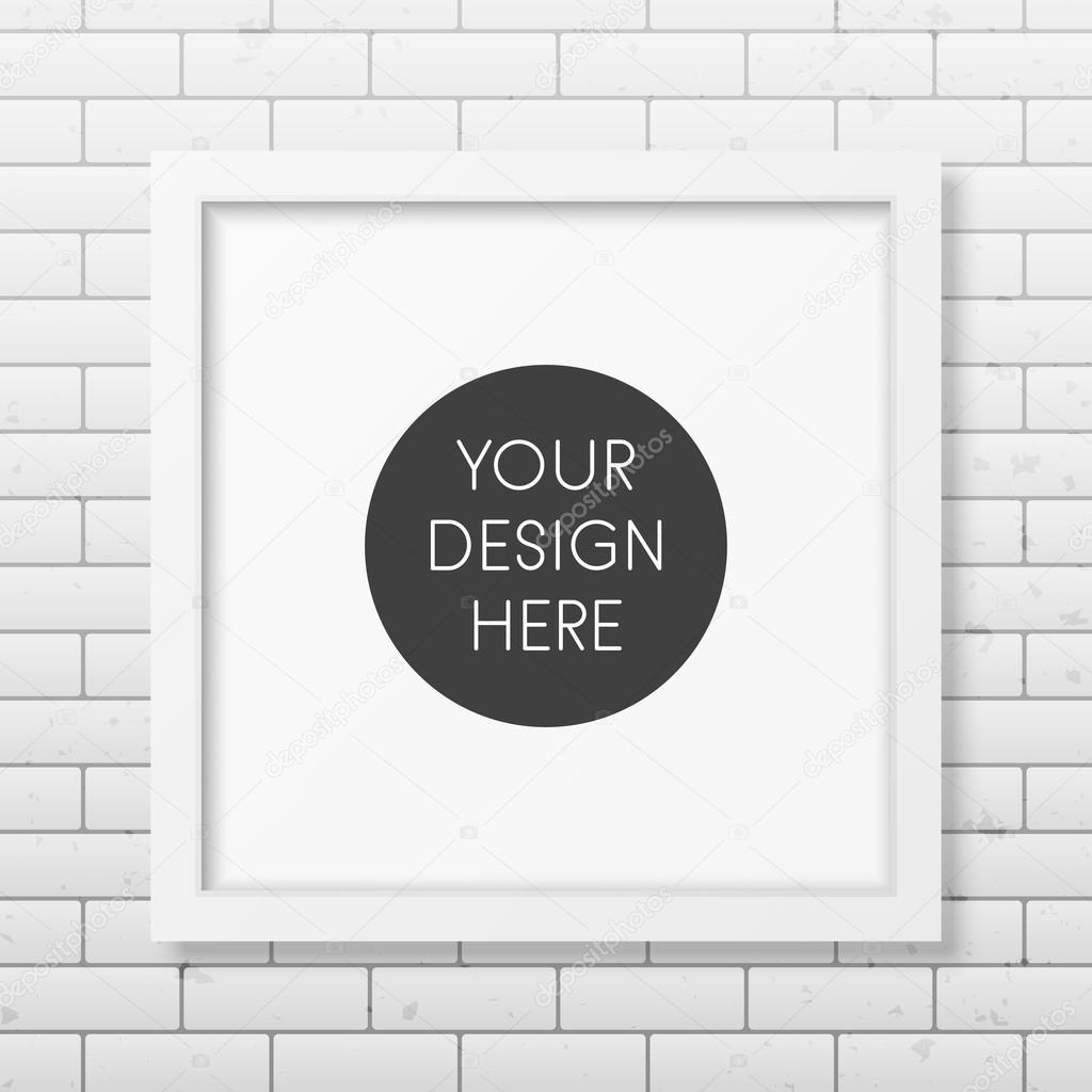 Realistic square white frame  on the brick wall background