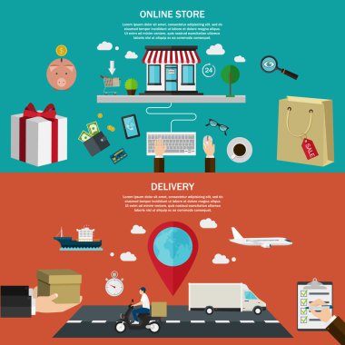 Düz renk afiş kümesi. Online mağaza ve teslimat hizmeti için kavramı. 