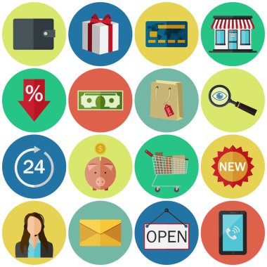 Düz renkli simgeler kümesi. Online mağaza konsepti.
