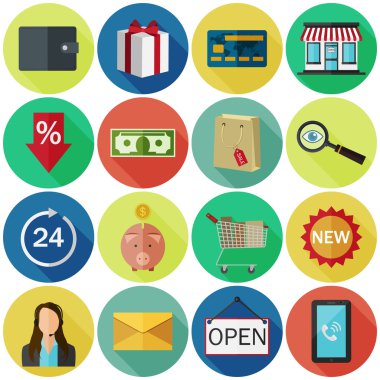 Set of flat color icons with long shadows. Concept for online store.