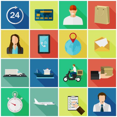 Set of flat color icons with long shadows. Concept for delivery service.