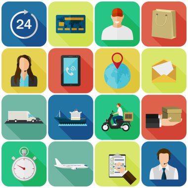 Set of flat color icons with long shadows. Concept for delivery service.