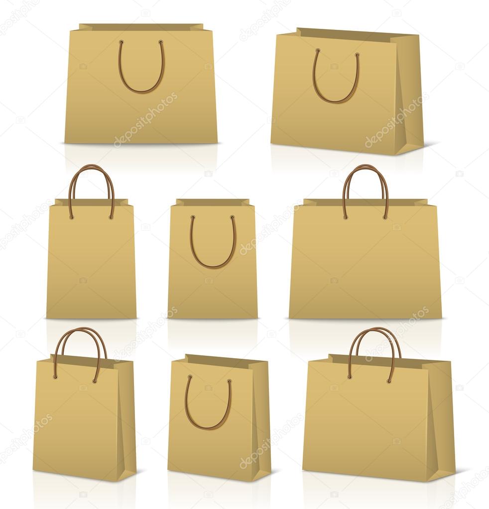Blank paper shopping bags set isolated on white with reflection