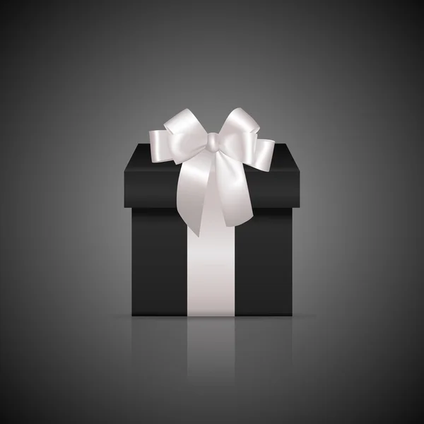 Caja de regalo cuadrada negra con cinta blanca y lazo — Vector de stock